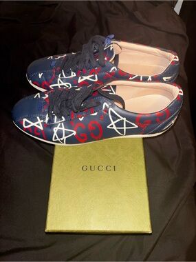 Women’s Gucci Navy Leather Sneakers with Red & White Graphic Print